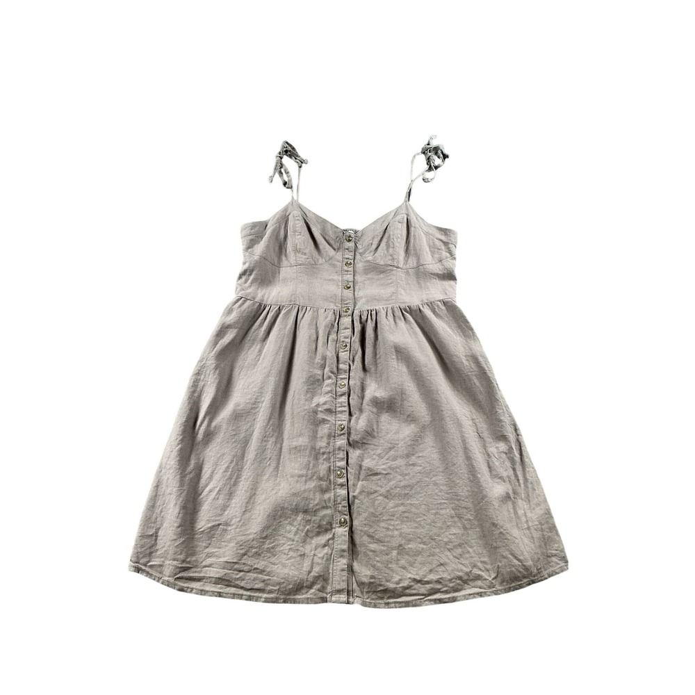 Aerie Linen Blend Button Front Tie Strap Smocked Mini Dress Taupe Brown Medium